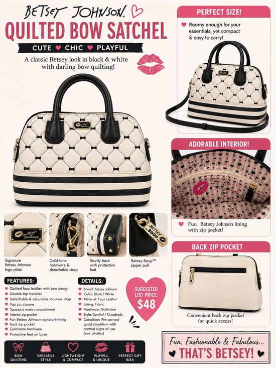 Betsey Johnson Handbags - Betsey Johnson Black & White Quilted Bow Satchel Crossbody Handbag